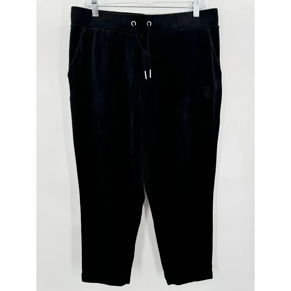 JUICY COUTURE Black Classic Y2K Velour Pull On Cropped Pants Size L